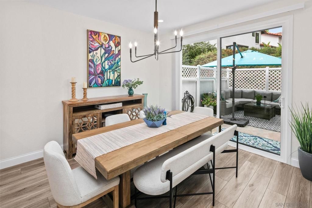Dining room, Interior, Pendant Lights, Recessed Lighting, Wood Texture Flooring