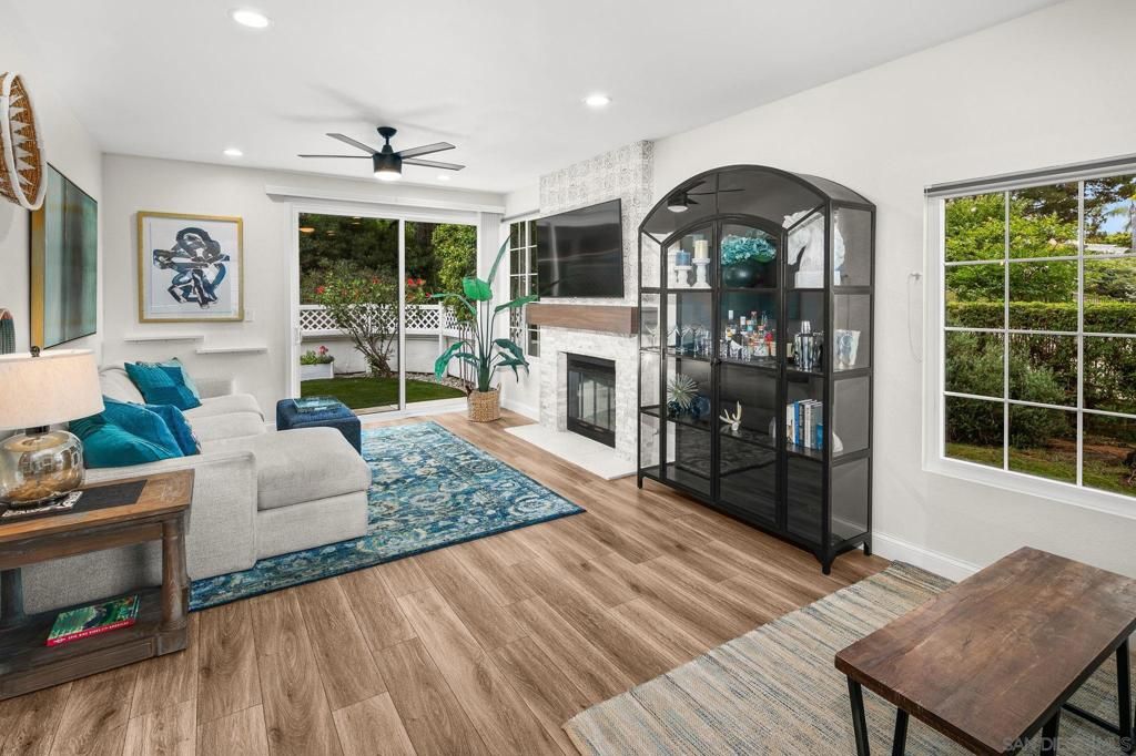 Fireplace, Interior, Living room, Recessed Lighting, Wood Texture Flooring