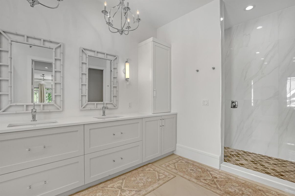 Bathroom, Chandelier, Dual Sink Vanities, Interior, Marble Walls, Recessed Lighting