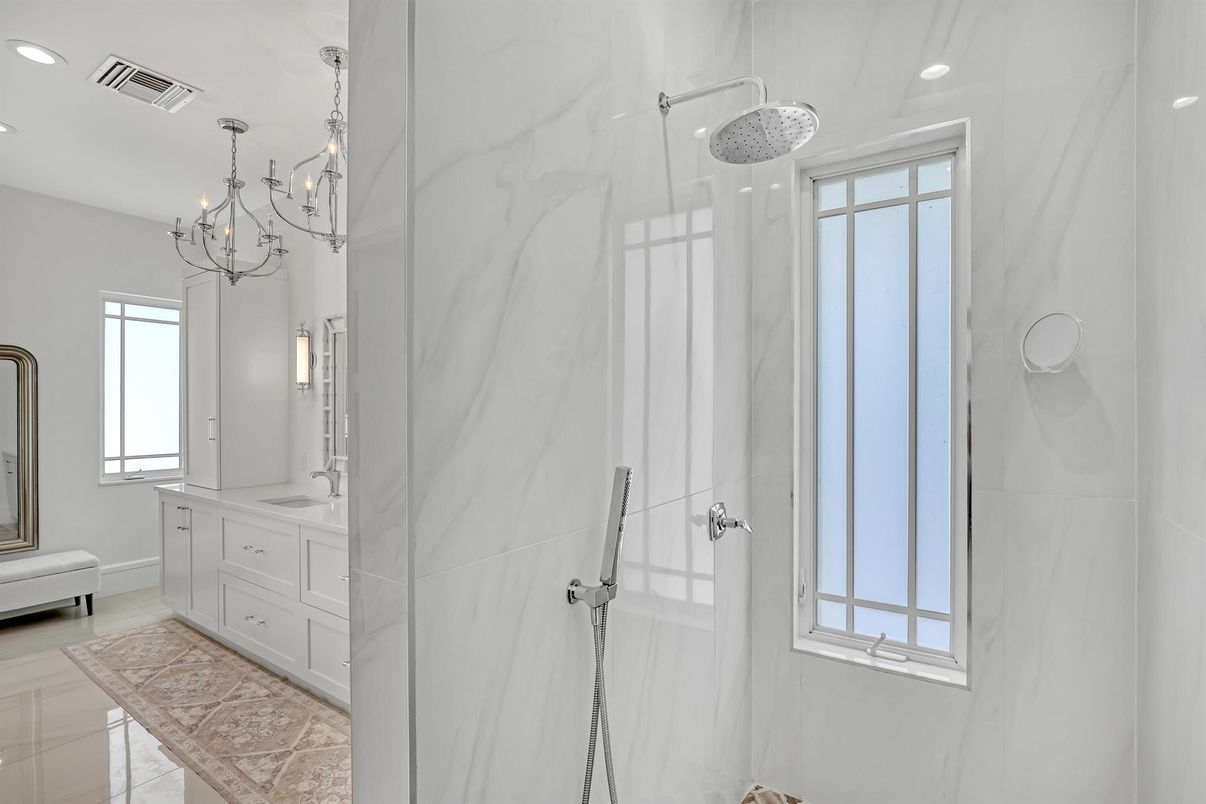 Bathroom, Chandelier, Interior, Marble Walls, Recessed Lighting