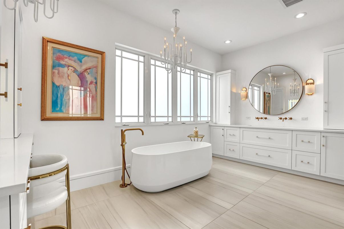 Bathroom, Chandelier, Dual Sink Vanities, Free Standing Baths, Interior, Pendant Lights, Recessed Lighting