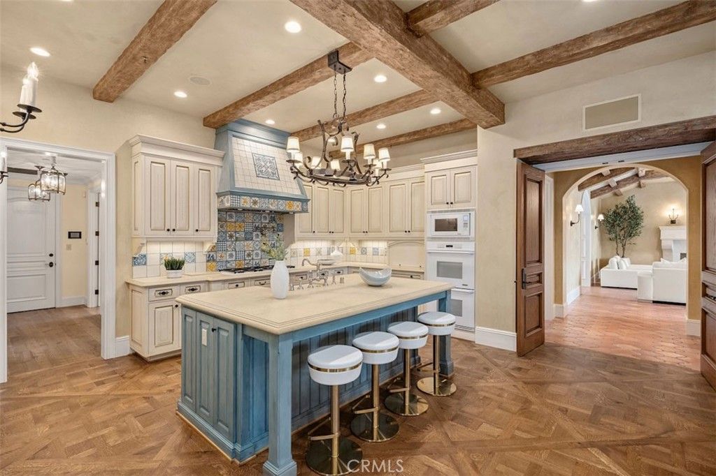 Chandelier, Interior, Kitchen, Recessed Lighting, Wooden Beams, Wood Texture Flooring