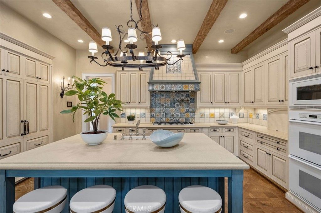Chandelier, Interior, Kitchen, Recessed Lighting, Stainless Steel Appliances, Wooden Beams, Wood Texture Flooring