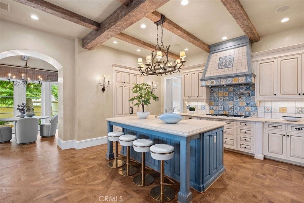Chandelier, Dining room, Interior, Kitchen, Recessed Lighting, Wooden Beams, Wood Texture Flooring
