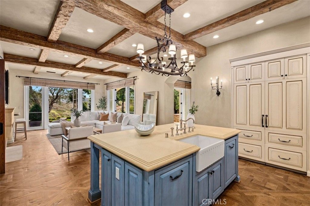 Chandelier, Interior, Living room, Recessed Lighting, Wooden Beams, Wood Texture Flooring