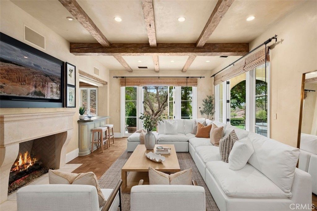 Fireplace, Interior, Living room, Recessed Lighting, Wooden Beams, Wood Texture Flooring