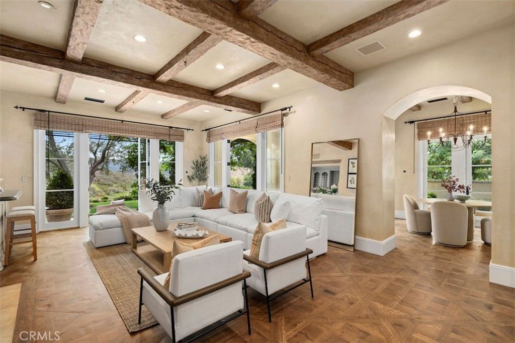Dining room, Interior, Living room, Pendant Lights, Recessed Lighting, Wooden Beams, Wood Texture Flooring
