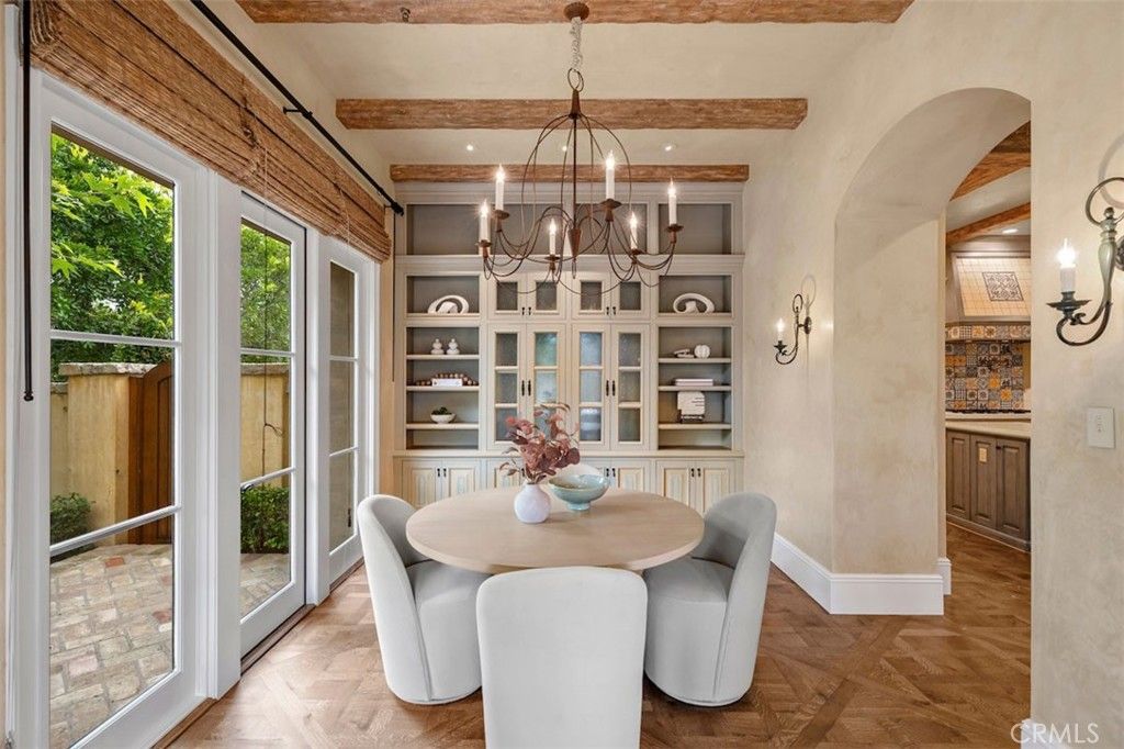 Chandelier, Dining room, Interior, Recessed Lighting, Wooden Beams, Wood Texture Flooring
