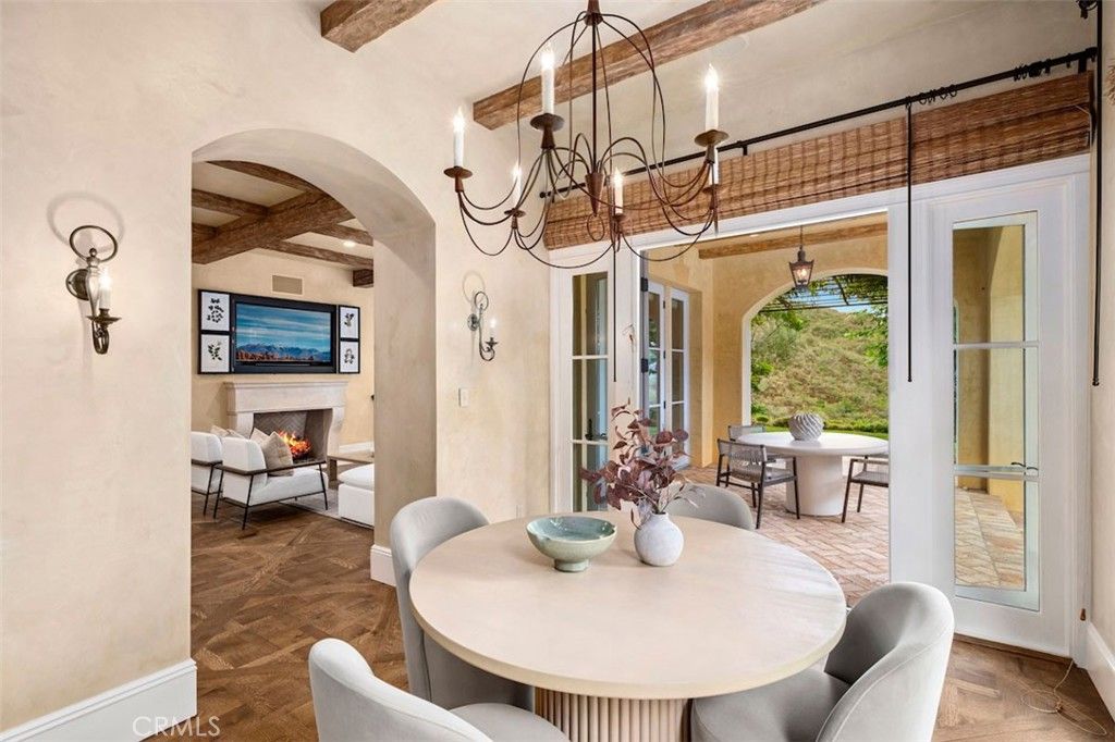 Chandelier, Dining room, Fireplace, Interior, Living room, Wooden Beams, Wood Texture Flooring