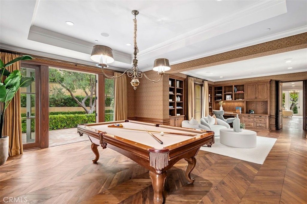 Billiard Table, Chandelier, Game Room, Interior, Recessed Lighting, Wood Texture Flooring