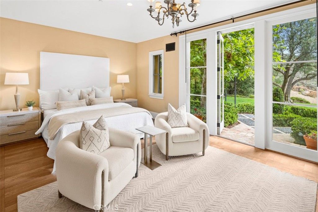 Bedroom, Chandelier, Interior, Recessed Lighting, Wood Texture Flooring