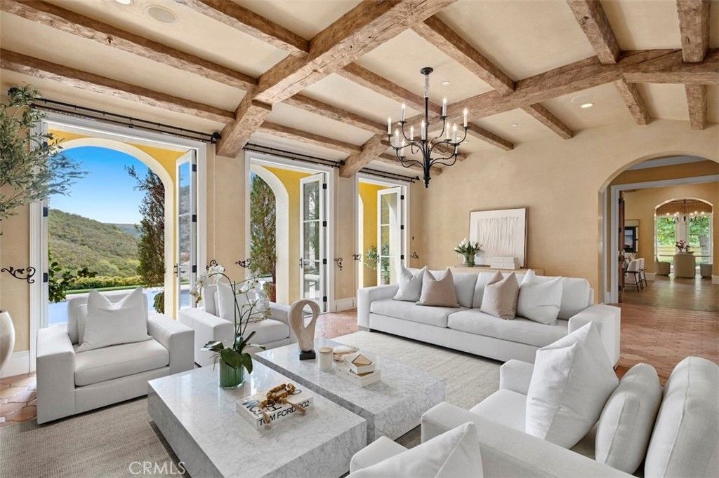 Chandelier, Interior, Living room, Recessed Lighting, Wooden Beams, Wood Texture Flooring