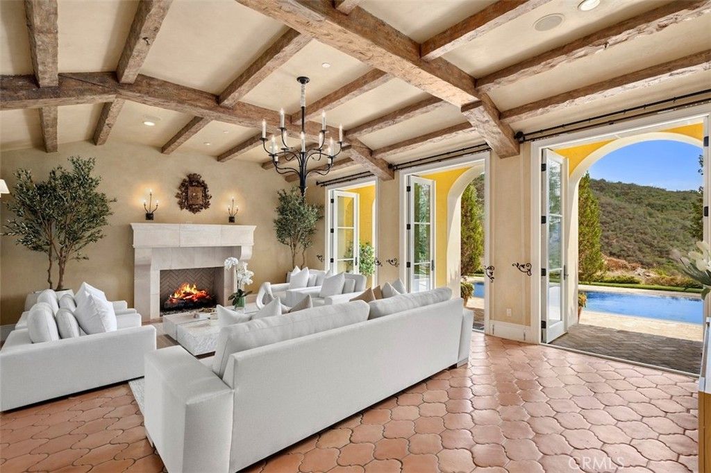 Chandelier, Fireplace, Interior, Living room, Recessed Lighting, Wooden Beams