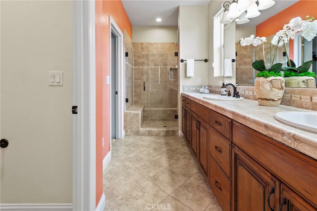 Bathroom, Dual Sink Vanities, Glass Shower, Interior, Recessed Lighting, Tile Countertops