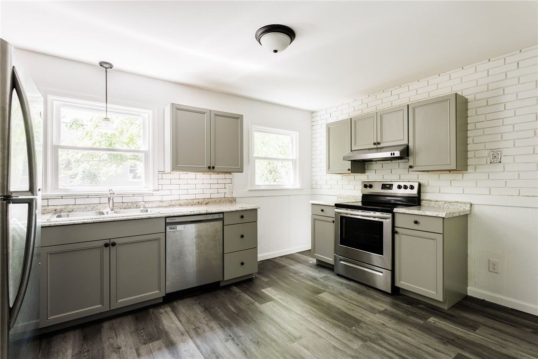 Interior, Kitchen, Pendant Lights, Stainless Steel Appliances, Wood Texture Flooring