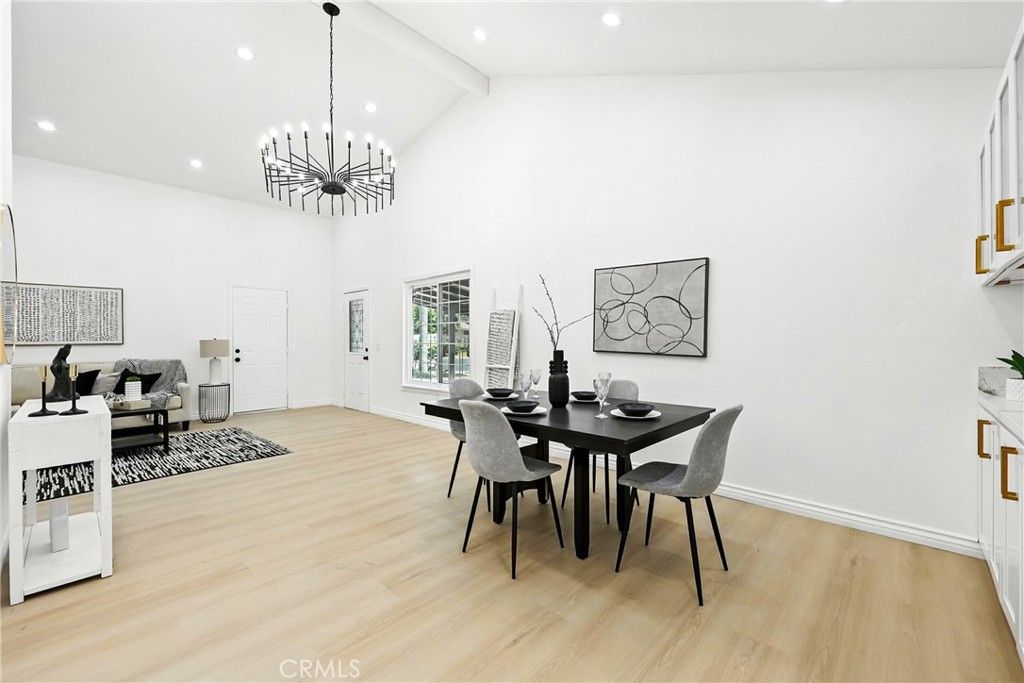 Dining room, Interior, Pendant Lights, Recessed Lighting, Wood Texture Flooring