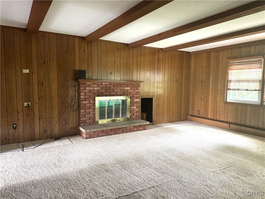Empty room, Fireplace, Interior, Wooden Beams, Wooden Walls