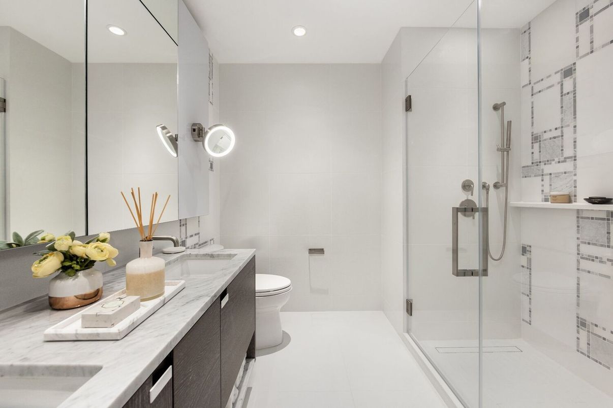Bathroom, Dual Sink Vanities, Glass Shower, Interior, Recessed Lighting