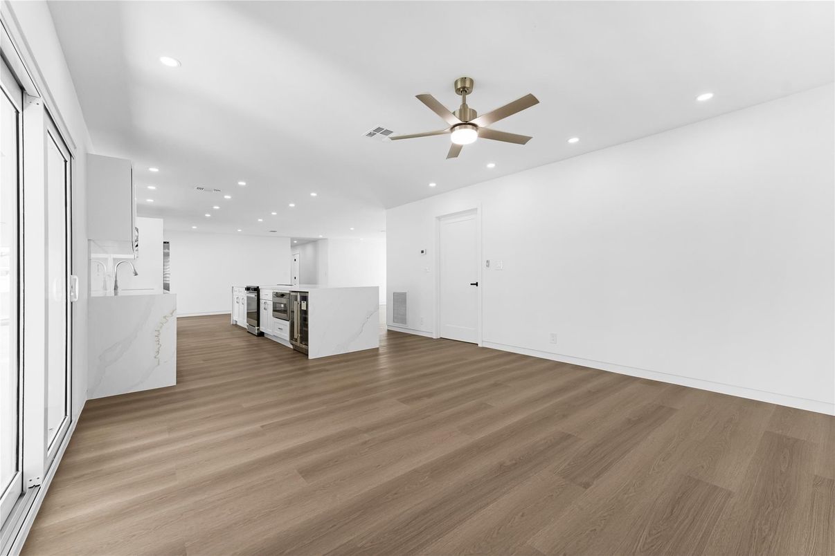 Empty room, Interior, Kitchen, Recessed Lighting, Wood Texture Flooring