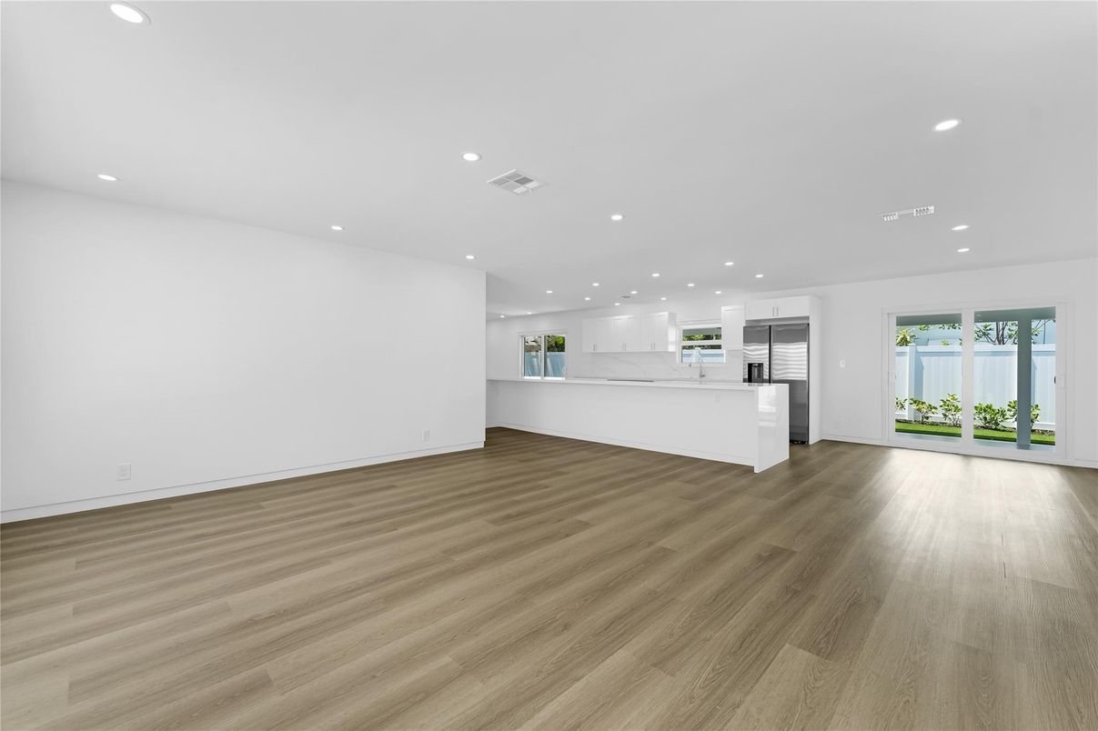 Empty room, Interior, Kitchen, Recessed Lighting, Wood Texture Flooring