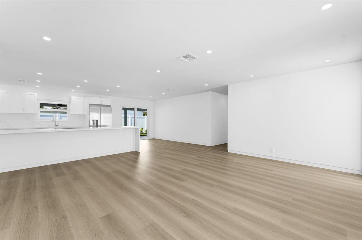 Empty room, Interior, Kitchen, Recessed Lighting, Wood Texture Flooring