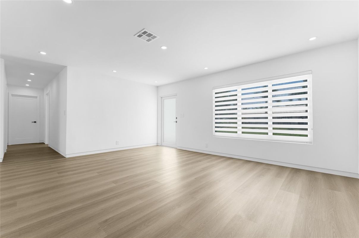 Empty room, Interior, Recessed Lighting, Wood Texture Flooring