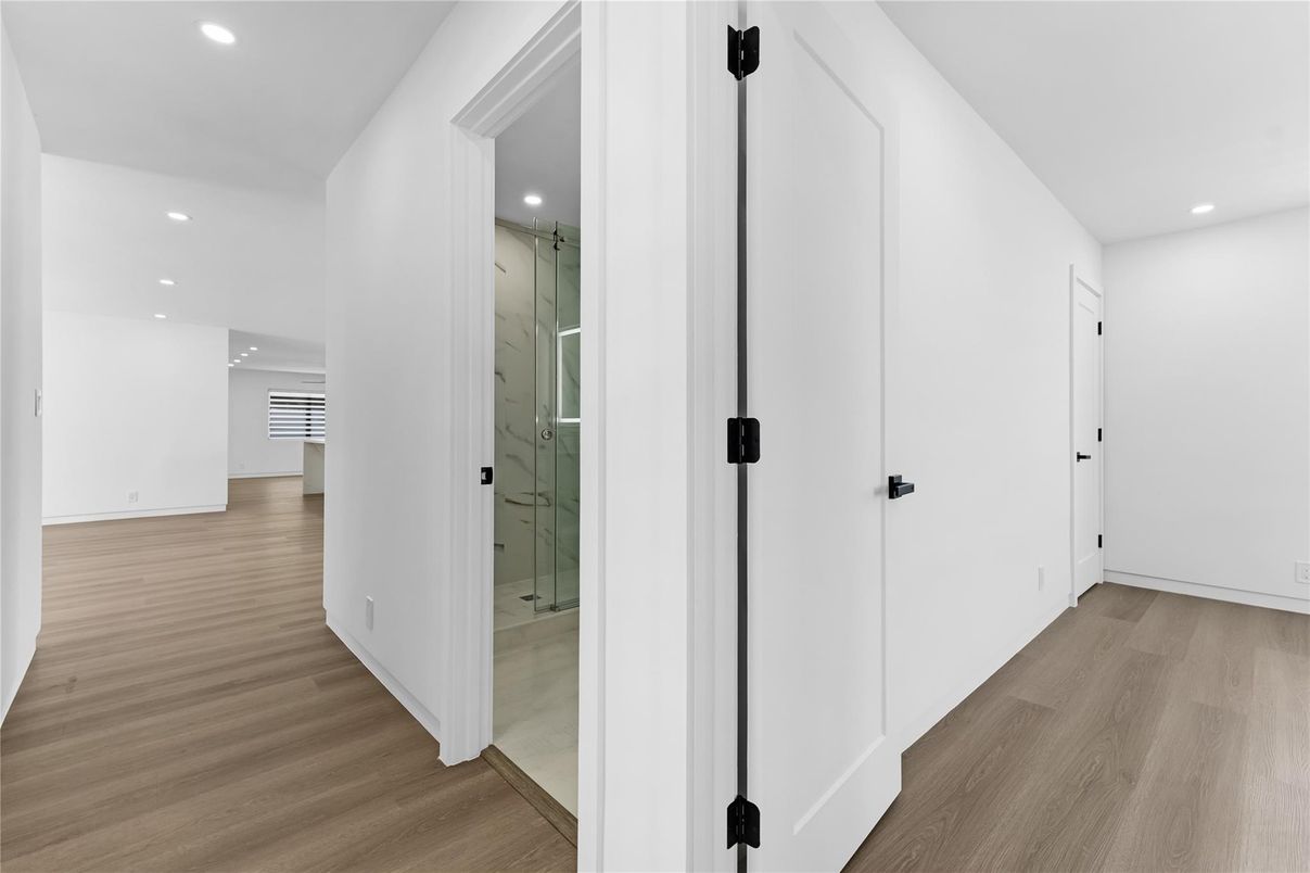 Bathroom, Empty room, Interior, Recessed Lighting, Wood Texture Flooring