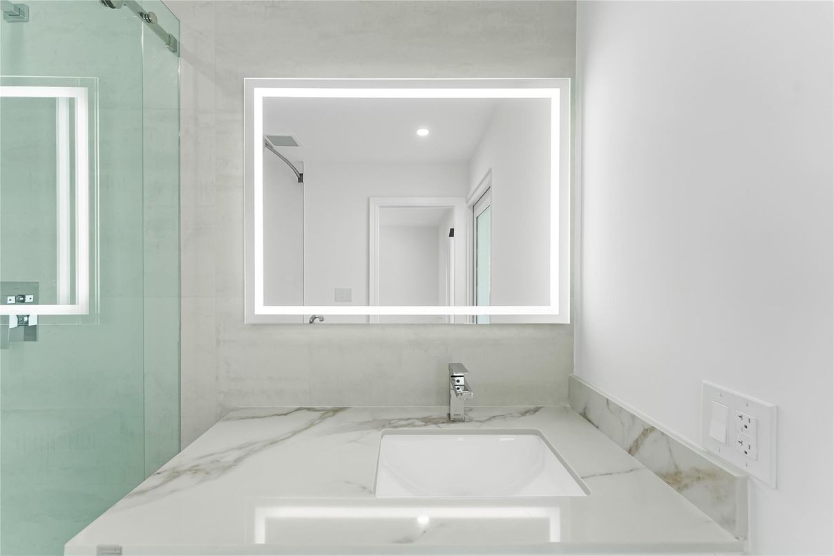 Bathroom, Glass Shower, Interior, Marble Walls, Recessed Lighting