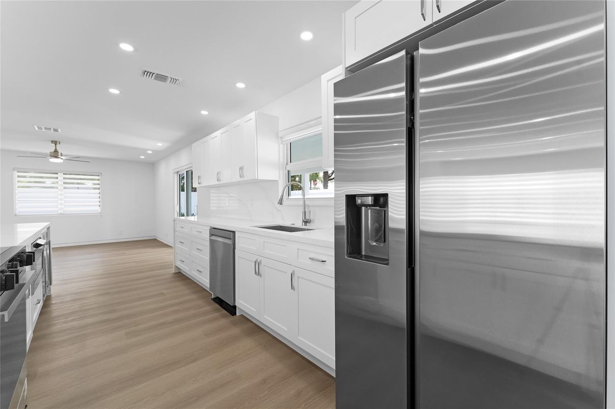 Interior, Kitchen, Recessed Lighting, Stainless Steel Appliances, Wood Texture Flooring
