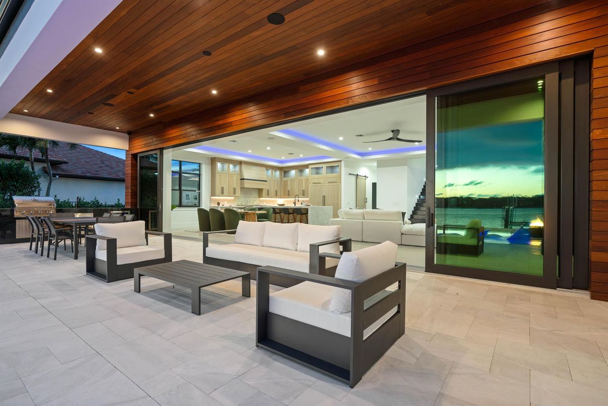 Dining room, Interior, Kitchen, Living room, Recessed Lighting, Water, Wooden Ceilings