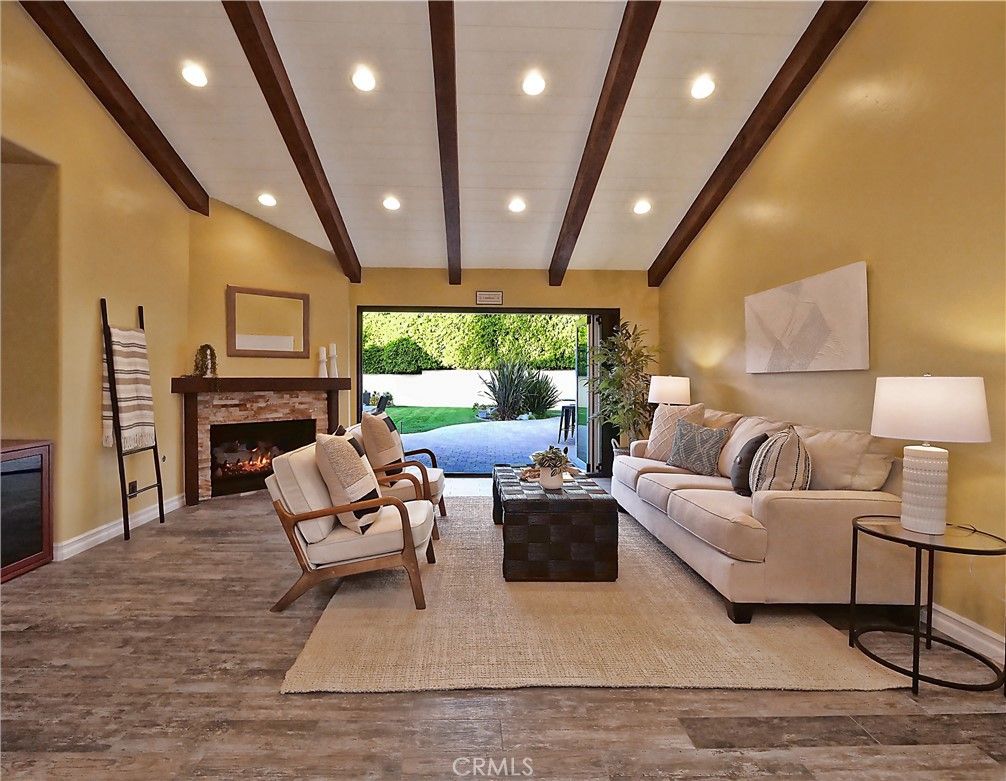 Fireplace, Interior, Living room, Recessed Lighting, Wooden Beams, Wood Texture Flooring