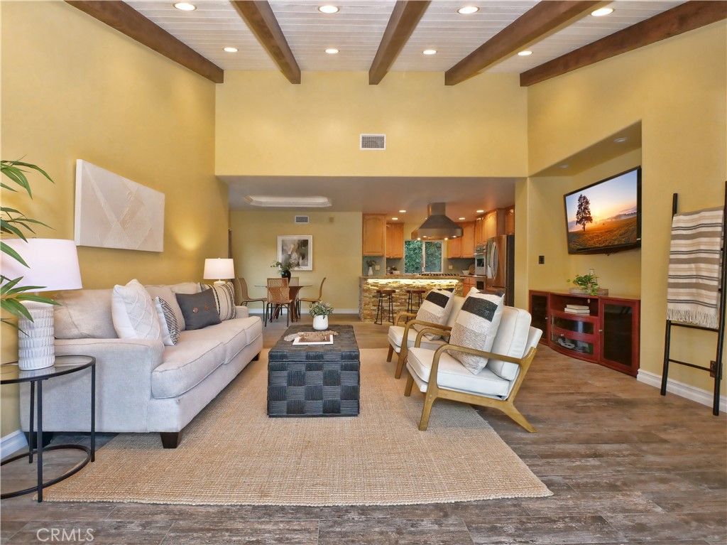 Interior, Kitchen, Living room, Recessed Lighting, Stainless Steel Appliances, Wooden Beams, Wood Texture Flooring