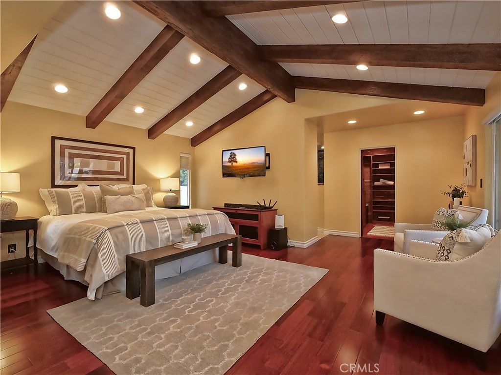 Bedroom, Interior, Recessed Lighting, Wooden Beams, Wood Texture Flooring