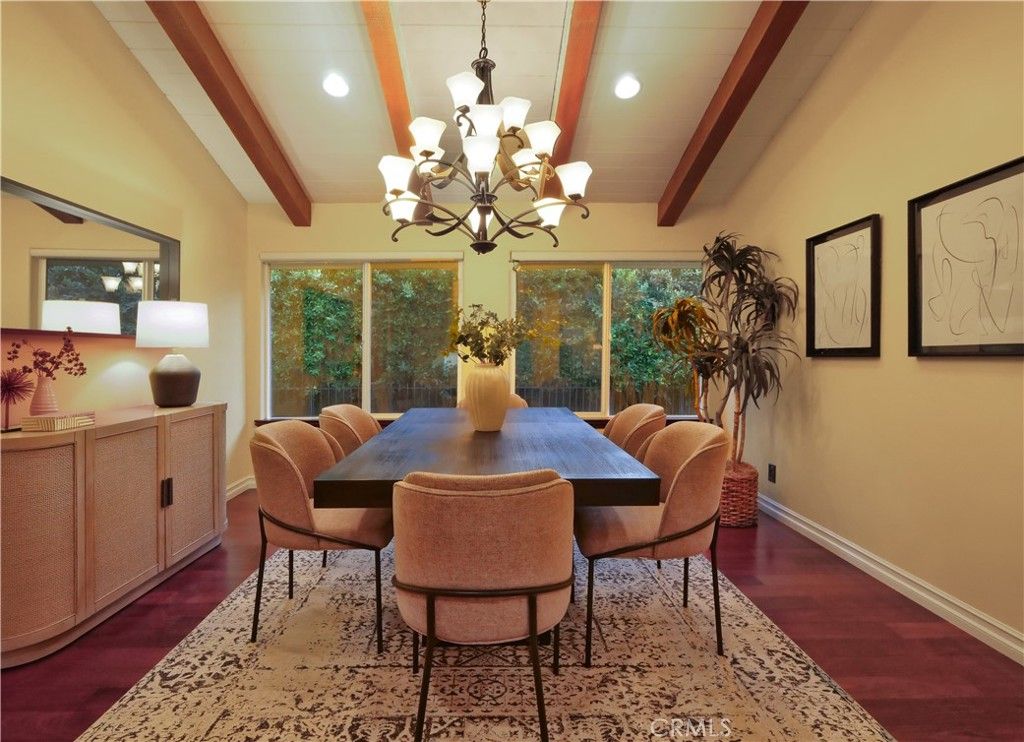 Chandelier, Dining room, Interior, Recessed Lighting, Wooden Beams, Wood Texture Flooring