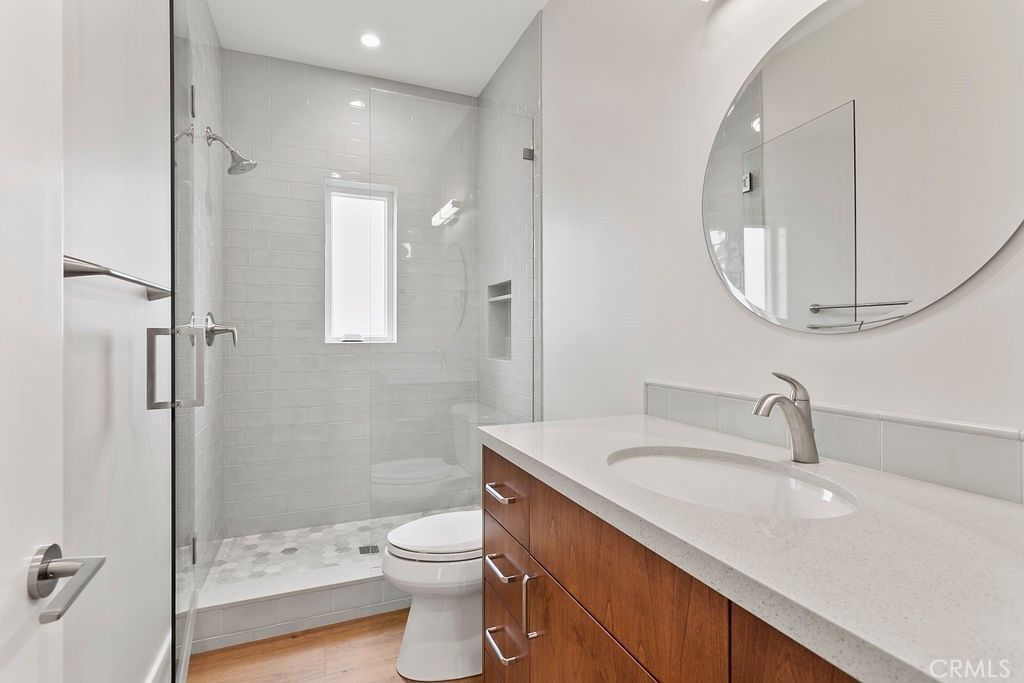 Bathroom, Glass Shower, Interior, Recessed Lighting, Wood Texture Flooring