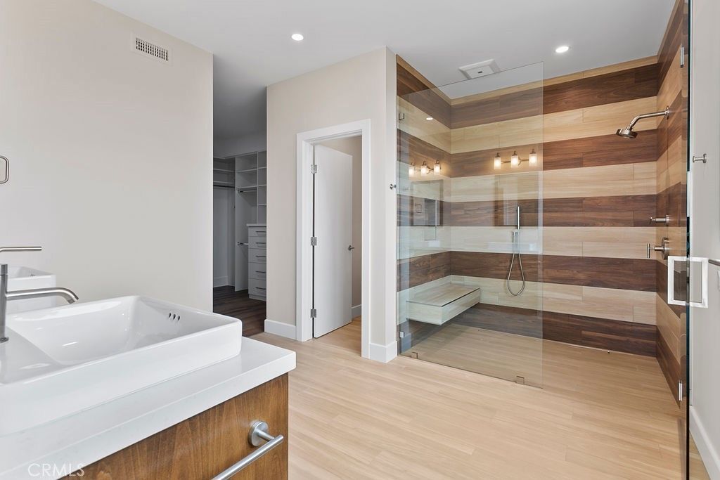 Bathroom, Glass Shower, Interior, Recessed Lighting, Walk-in Closets, Wood Texture Flooring