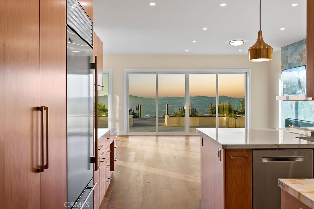 Interior, Kitchen, Pendant Lights, Recessed Lighting, Stainless Steel Appliances, Water, Wood Texture Flooring