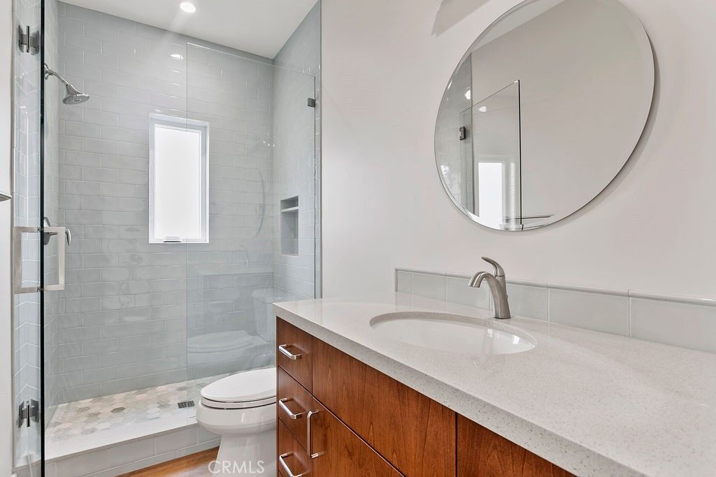 Bathroom, Glass Shower, Interior, Recessed Lighting, Wood Texture Flooring