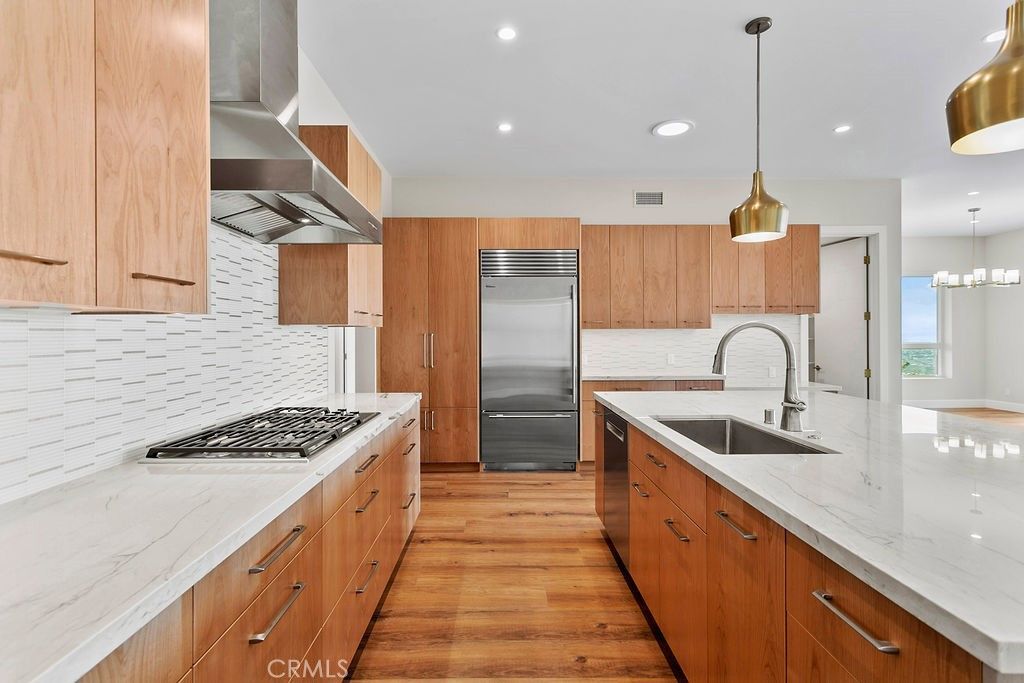 Interior, Kitchen, Pendant Lights, Recessed Lighting, Stainless Steel Appliances, Wood Texture Flooring