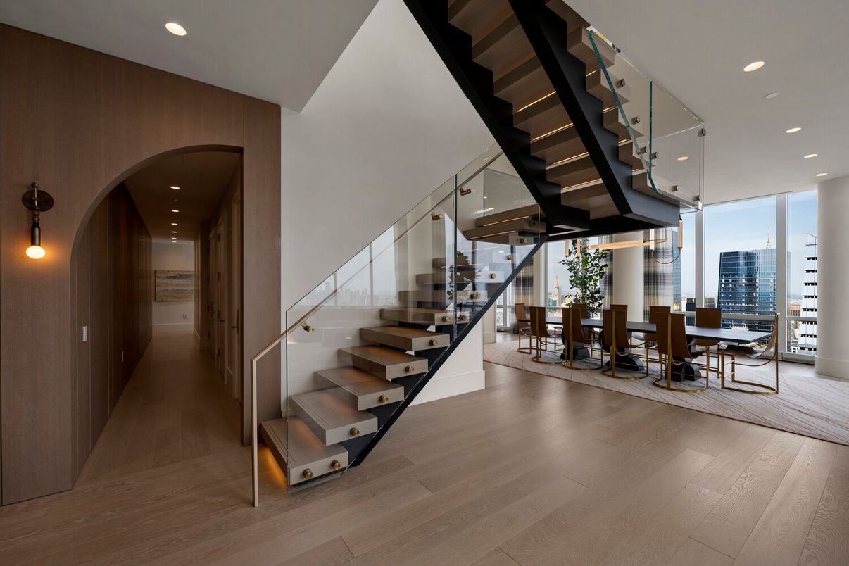 Dining room, Interior, Pendant Lights, Recessed Lighting, Wood Texture Flooring