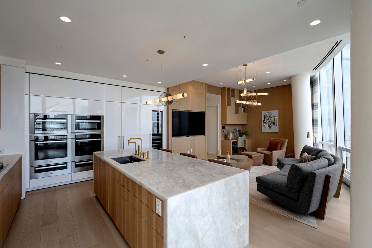 Interior, Kitchen, Living room, Pendant Lights, Recessed Lighting, Stainless Steel Appliances, Wood Texture Flooring