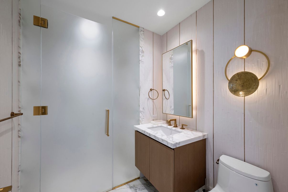 Bathroom, Glass Shower, Interior, Marble, Pendant Lights, Recessed Lighting