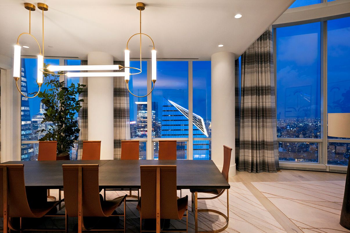 Dining room, Interior, Pendant Lights, Recessed Lighting, Wood Texture Flooring