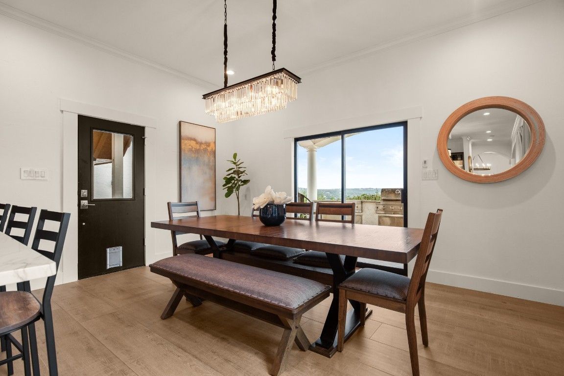 Chandelier, Dining room, Interior, Recessed Lighting, Wood Texture Flooring