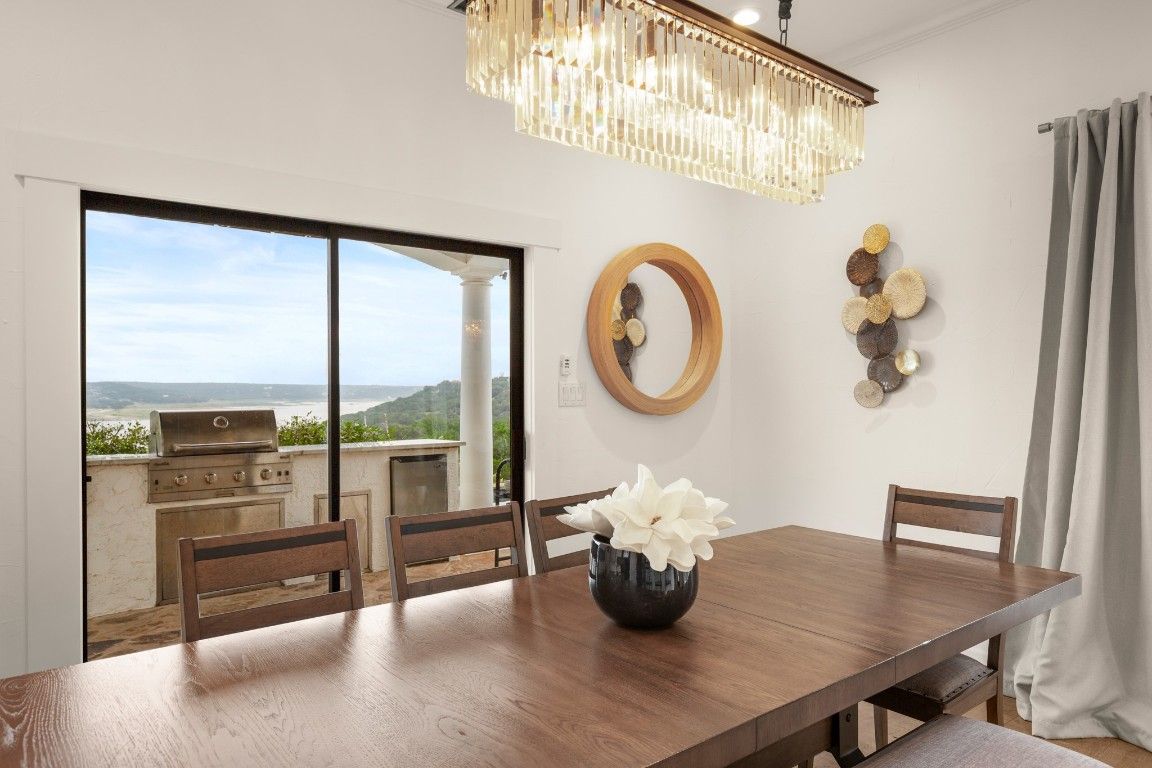 Chandelier, Dining room, Interior, Water, Wood Texture Flooring