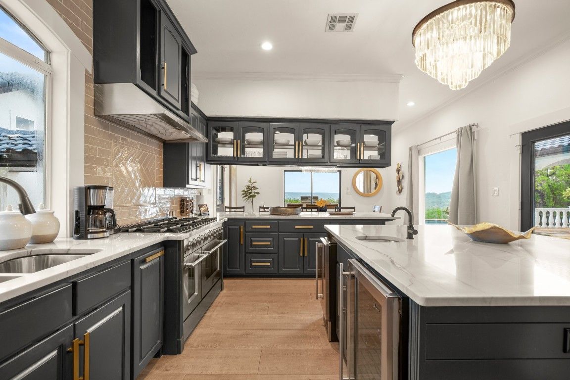 Chandelier, Interior, Kitchen, Recessed Lighting, Stainless Steel Appliances, Wood Texture Flooring