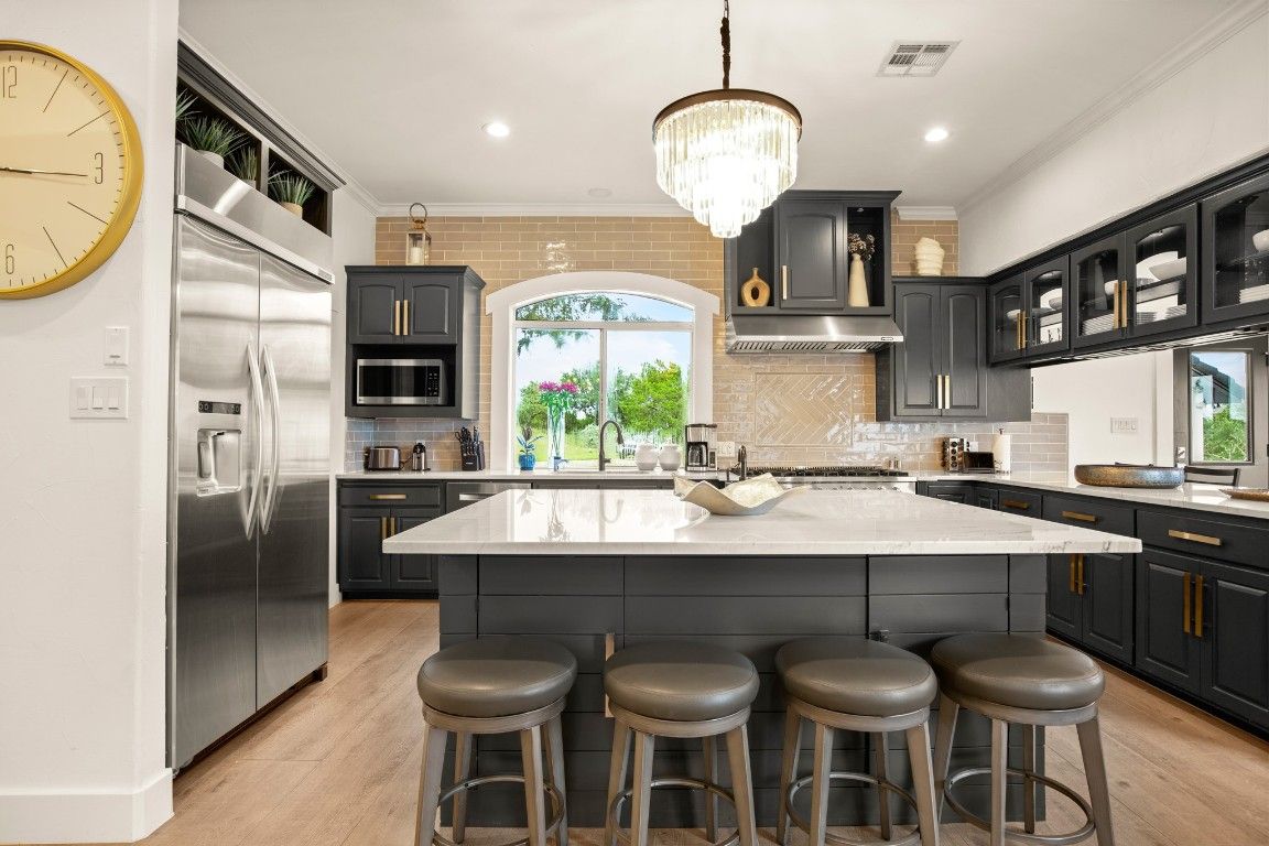 Chandelier, Interior, Kitchen, Recessed Lighting, Stainless Steel Appliances, Wood Texture Flooring