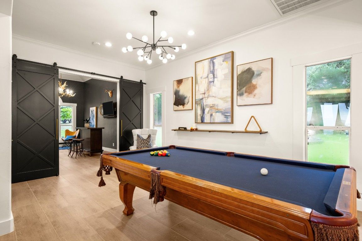 Billiard Table, Game Room, Interior, Pendant Lights, Recessed Lighting, Wood Texture Flooring