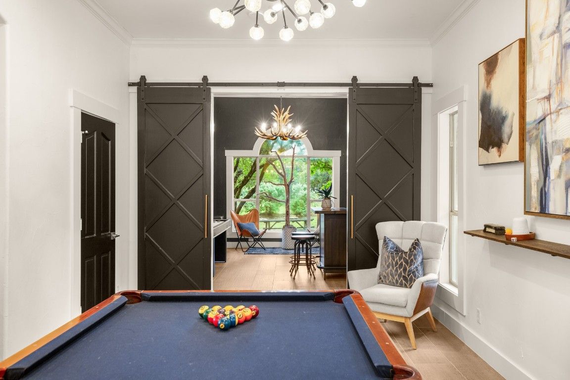 Billiard Table, Chandelier, Game Room, Interior, Wood Texture Flooring