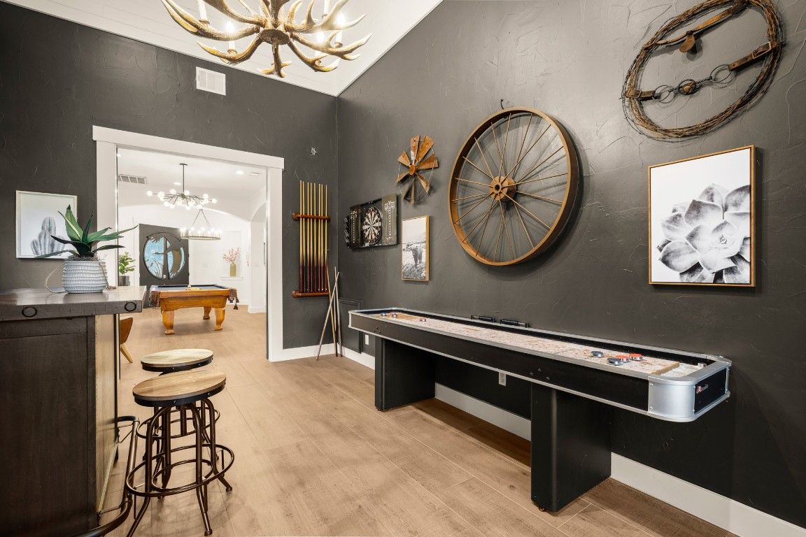 Billiard Table, Chandelier, Game Room, Interior, Pendant Lights, Wood Texture Flooring